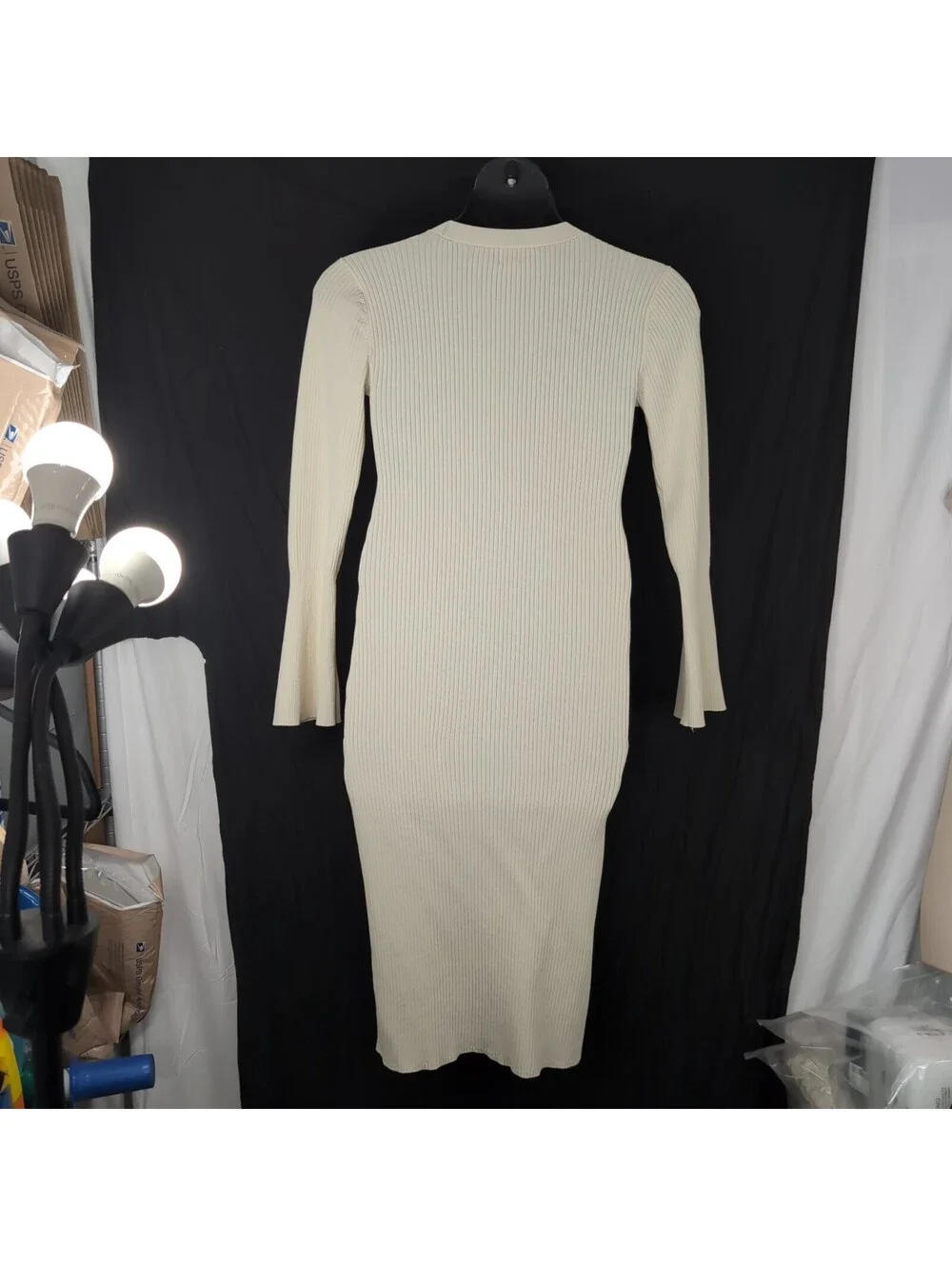 A New Day Ribbed Button Front Midi Sweater Dress Cream Ivory M Bell Sleeve
